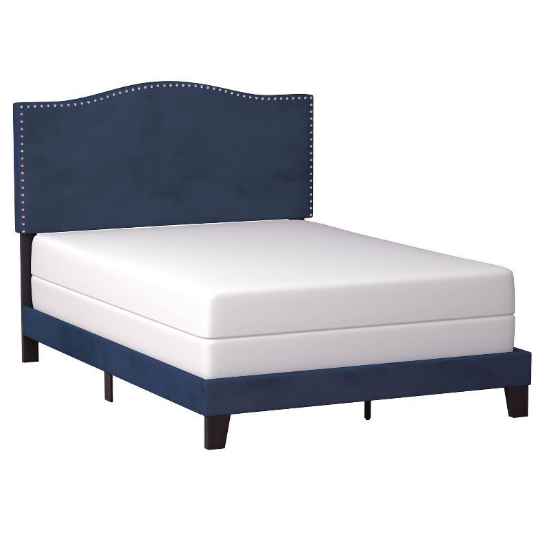 Queen Blue Velvet Upholstered Bed with Nailhead Trim