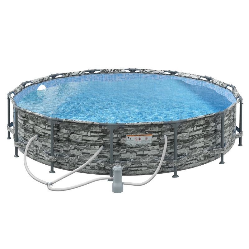 Outsunny 14' Gray Steel Frame Round Pool with Filter Pump