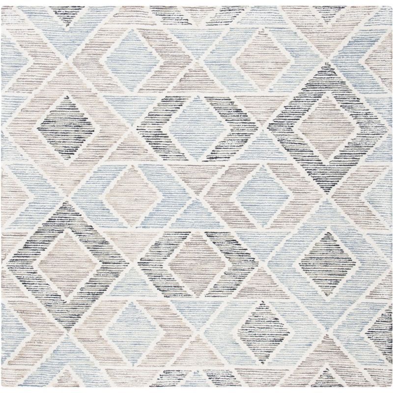 Blue and Beige Geometric Wool Tufted Square Rug, 6' x 6'