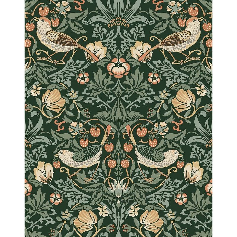 Forest Green Bird and Floral Peel and Stick Wallpaper