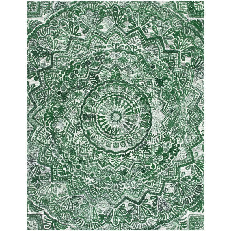 Hand-Tufted Green and Ivory Wool Mandala Area Rug, 8' x 10'