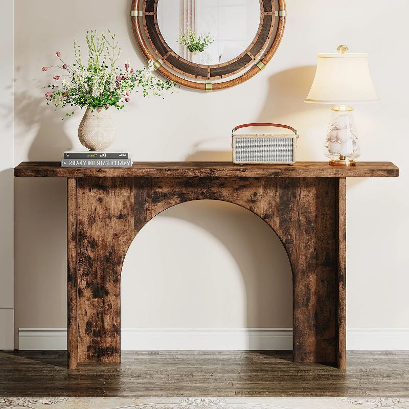 Tribesigns 63-Inch Rustic Brown Wood Console Table with Arch Brace