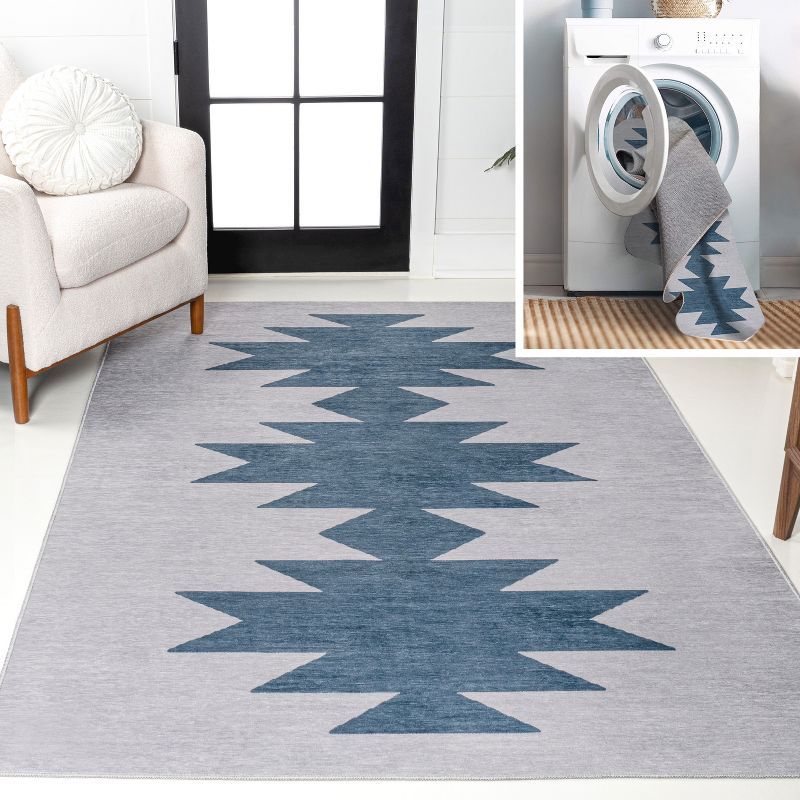 Chayton Gray and Blue Geometric Washable Chenille Area Rug