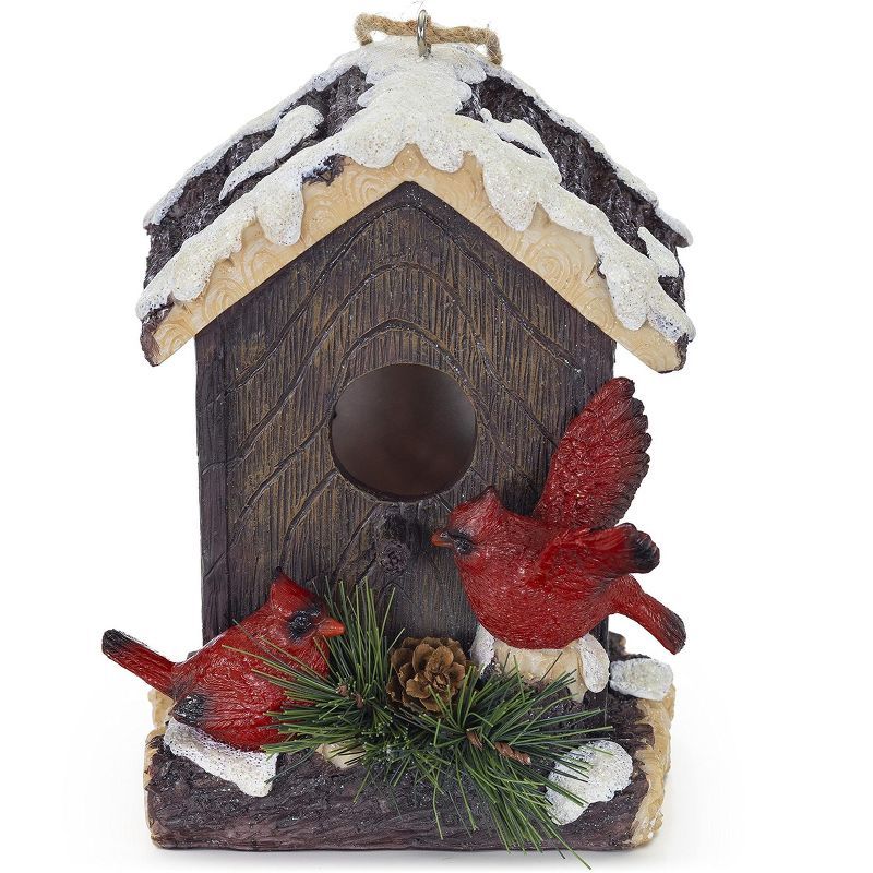 Winter Cardinals Hand-Painted Polyresin Hanging Birdhouse