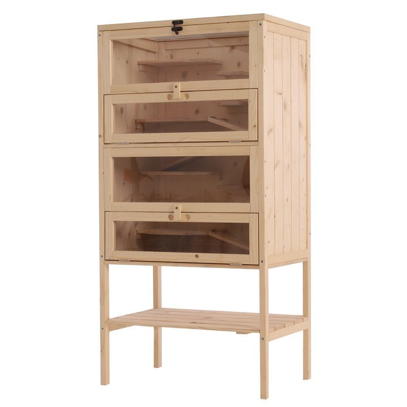 Natural Wood 5-Tier Hamster Cage with Glass Front and Storage Shelf