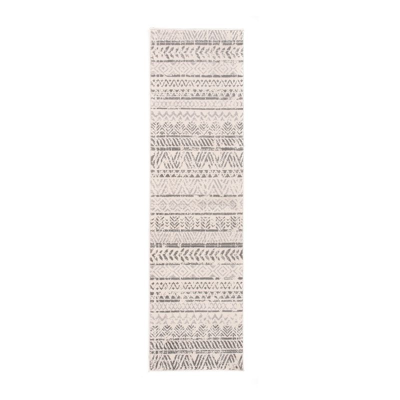 Gray and White Synthetic Geometric Bohemian Runner Rug 2'7" x 10'