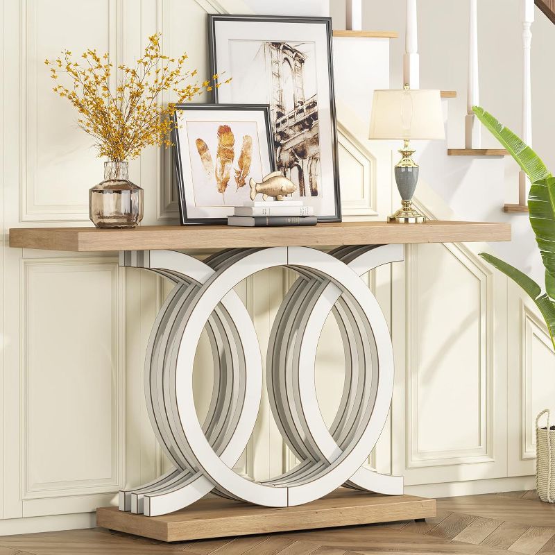 White and Natural Wood 55" Console Table with Geometric Base