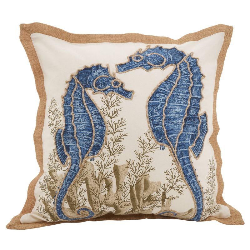 Maritime Bliss Embroidered Seahorse Cotton Throw Pillow 27" Square