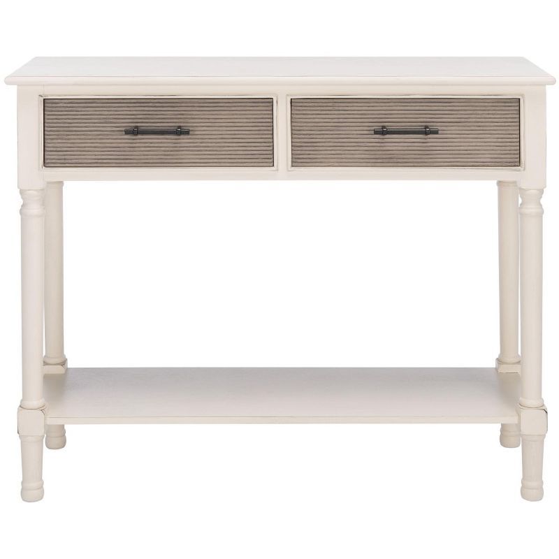 Distressed White and Greige 2-Drawer Console Table with Storage