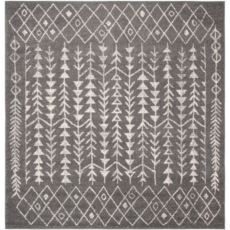 Dark Grey and Ivory Square Synthetic Boho Area Rug