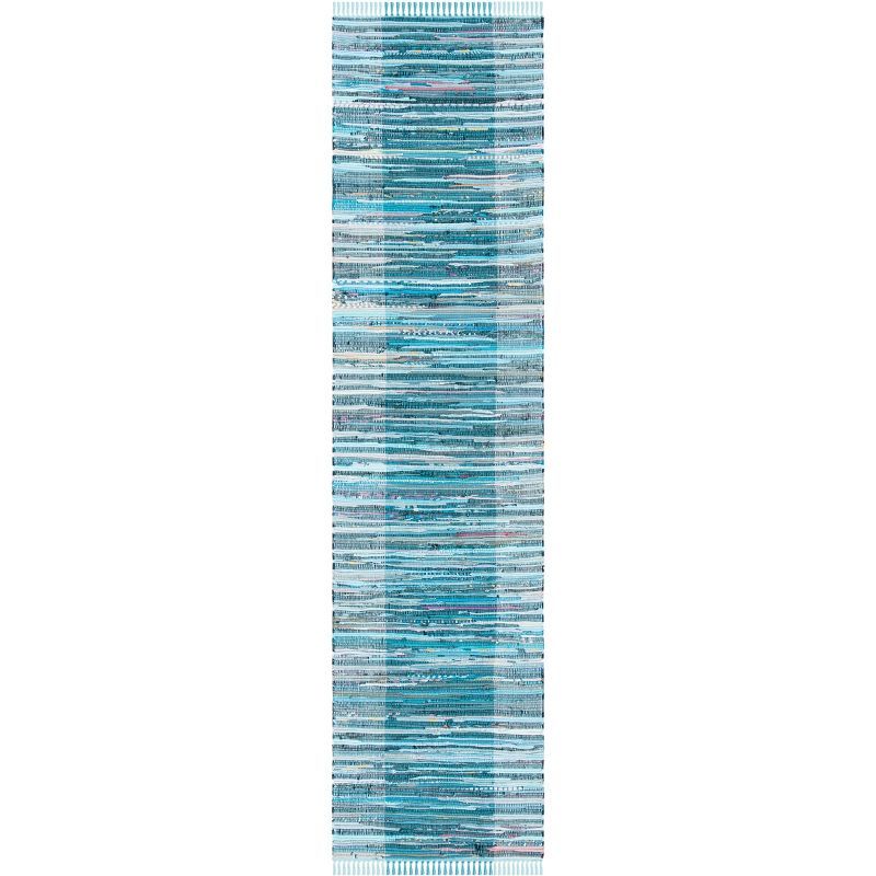 Handwoven Light Blue and Grey Striped Cotton Runner Rug