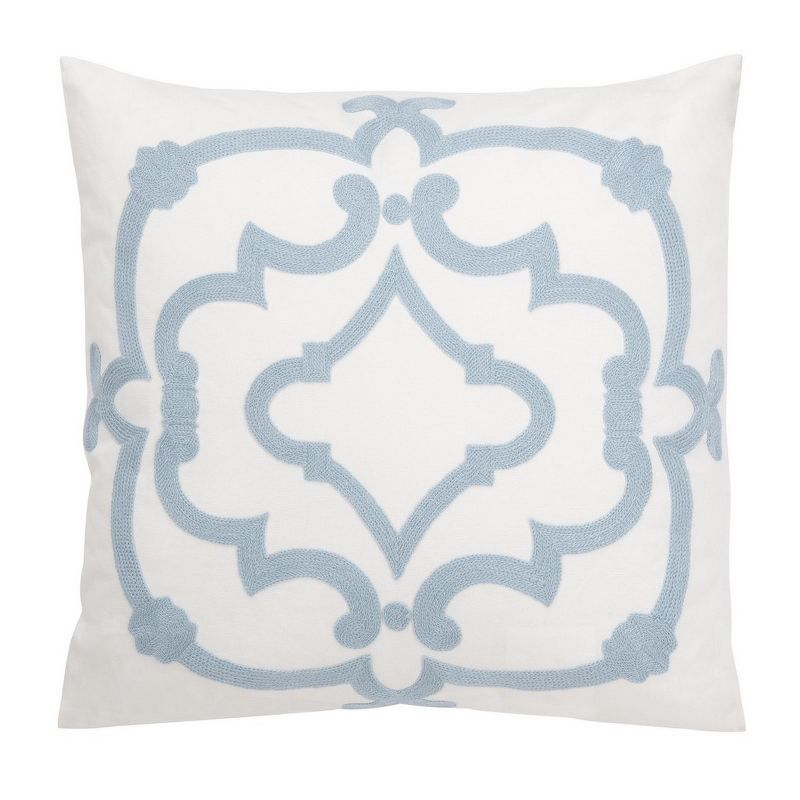 Plush Embroidered Square Pillow in White & Blue - 19" x 19"