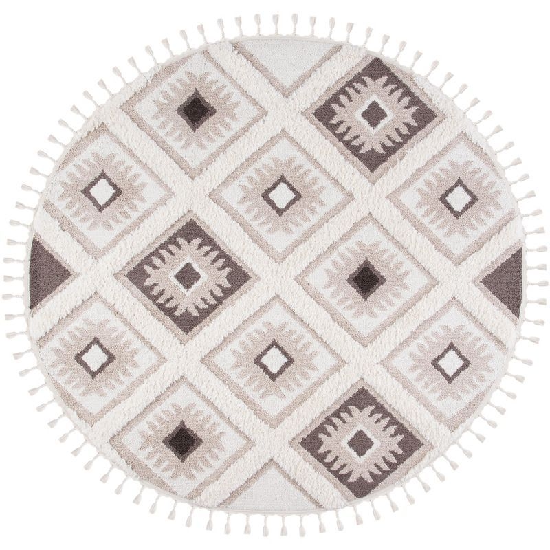 Ivory and Brown Diamond Braided Synthetic 4' Round Shag Rug