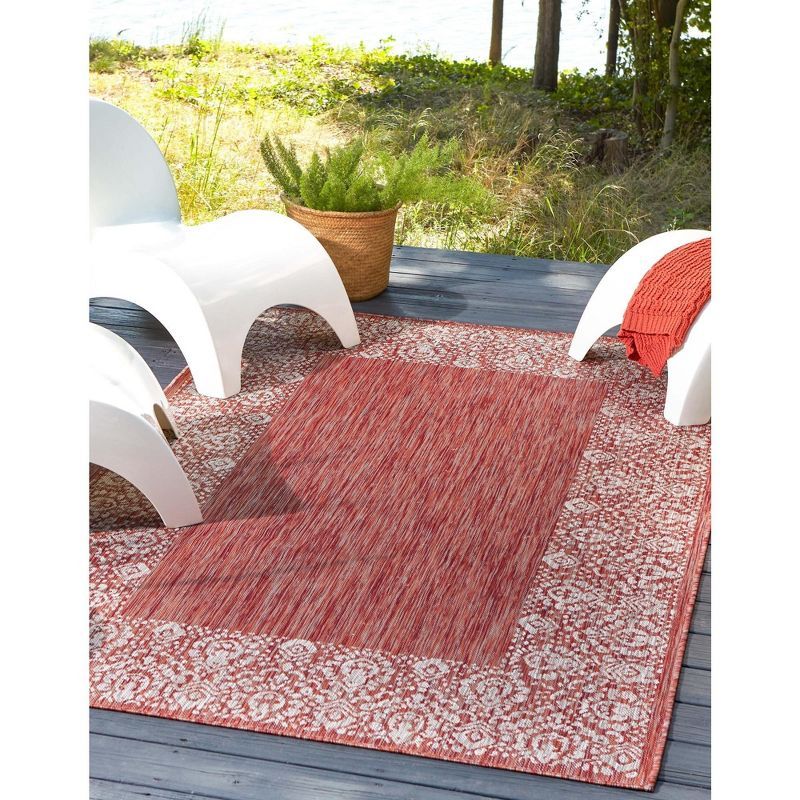 Rust Red and Ivory Synthetic Outdoor Rectangular Area Rug