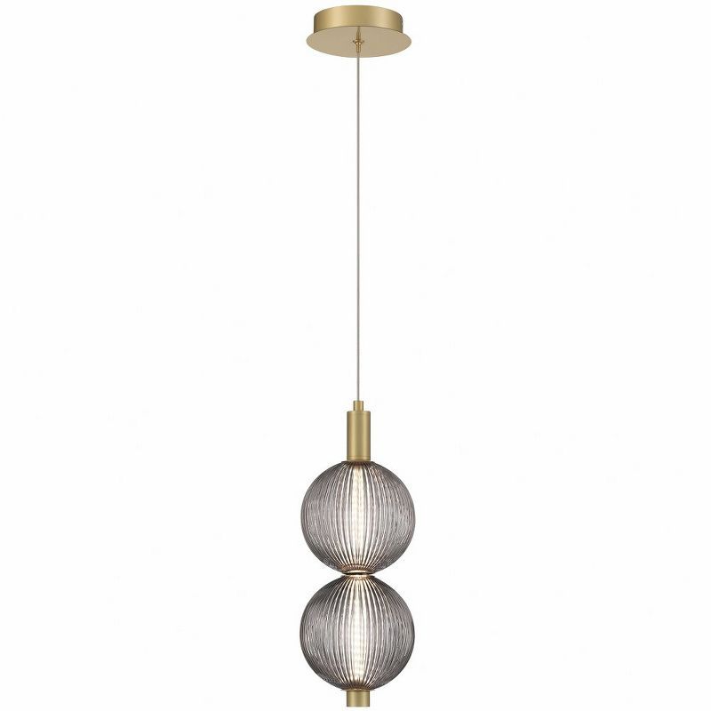 Gold and Smoke Ribbed Glass 2-Light LED Pendant