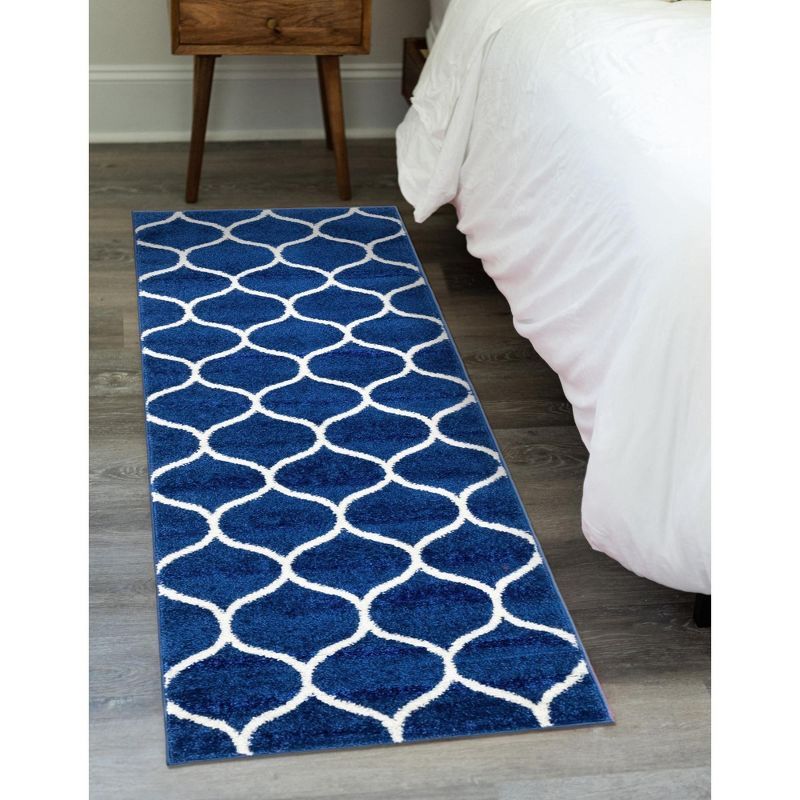 Navy Blue and Ivory Synthetic Trellis Runner Rug