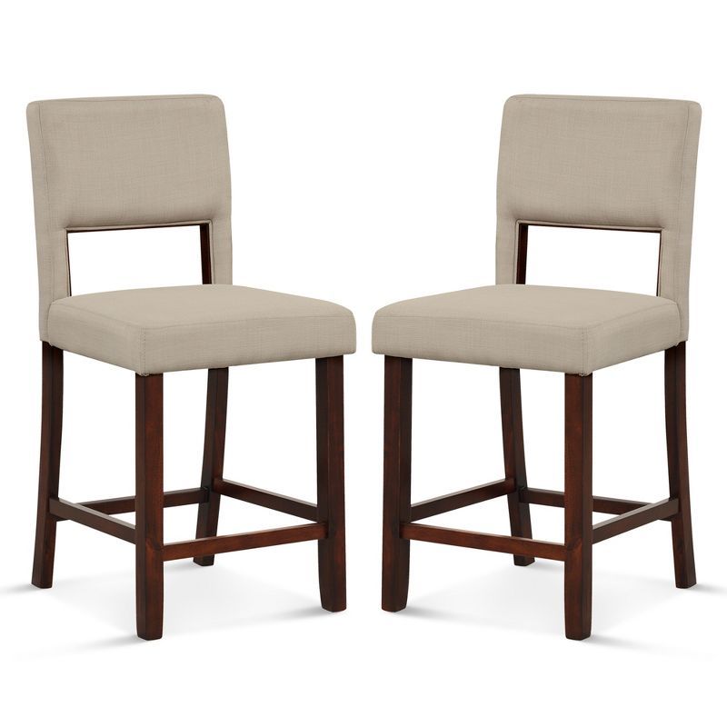 Beige Upholstered Linen Bar Stools with Wooden Legs, Set of 2