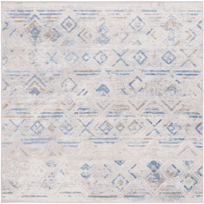 Beige and Light Blue Synthetic Square Area Rug