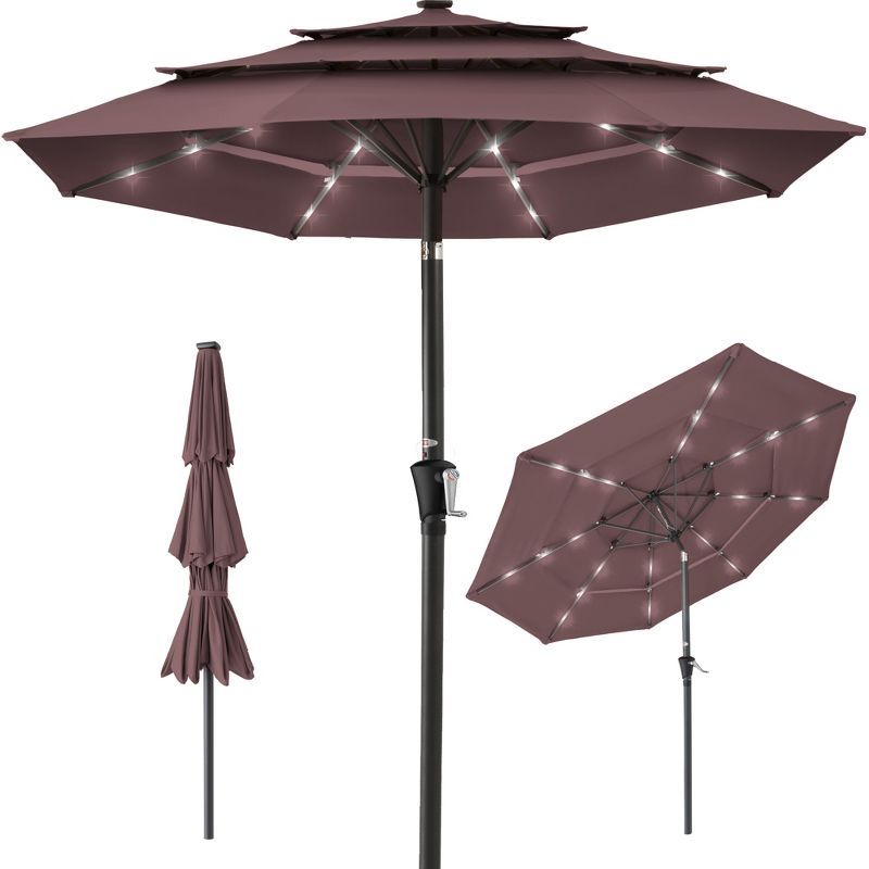 10ft Deep Taupe Steel Market Patio Umbrella with LED Lights