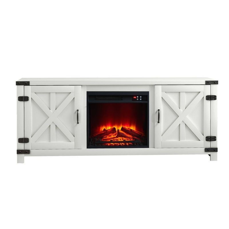 White Farmhouse TV Stand with Electric Fireplace and Cabinets