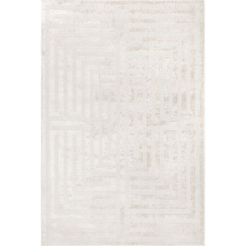 Ivory Geometric Washable Synthetic 4' x 6' Area Rug