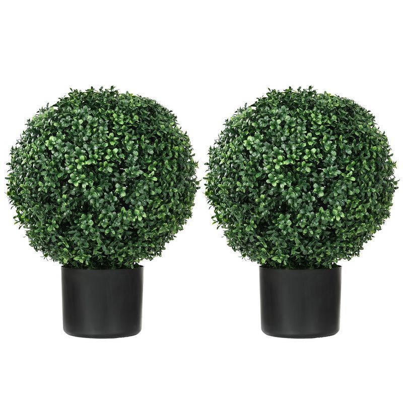 Set of 2 Green Artificial Boxwood Topiary Trees with Black Pots