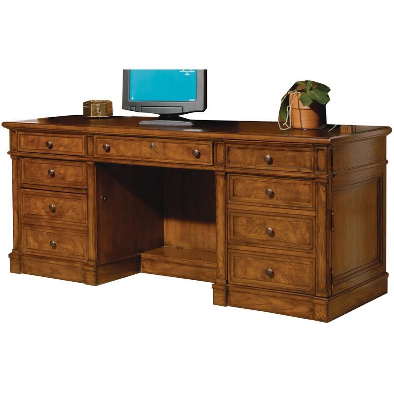 Brown Wood Executive Desk with Drawers and Power Outlet