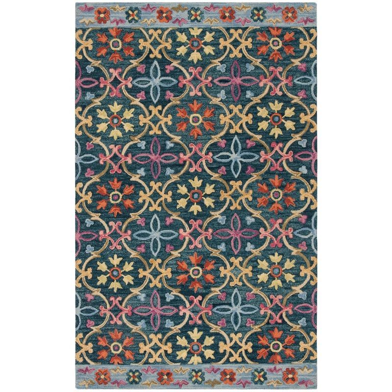 Handmade Blue and Multicolor Wool Area Rug, 5' x 8'