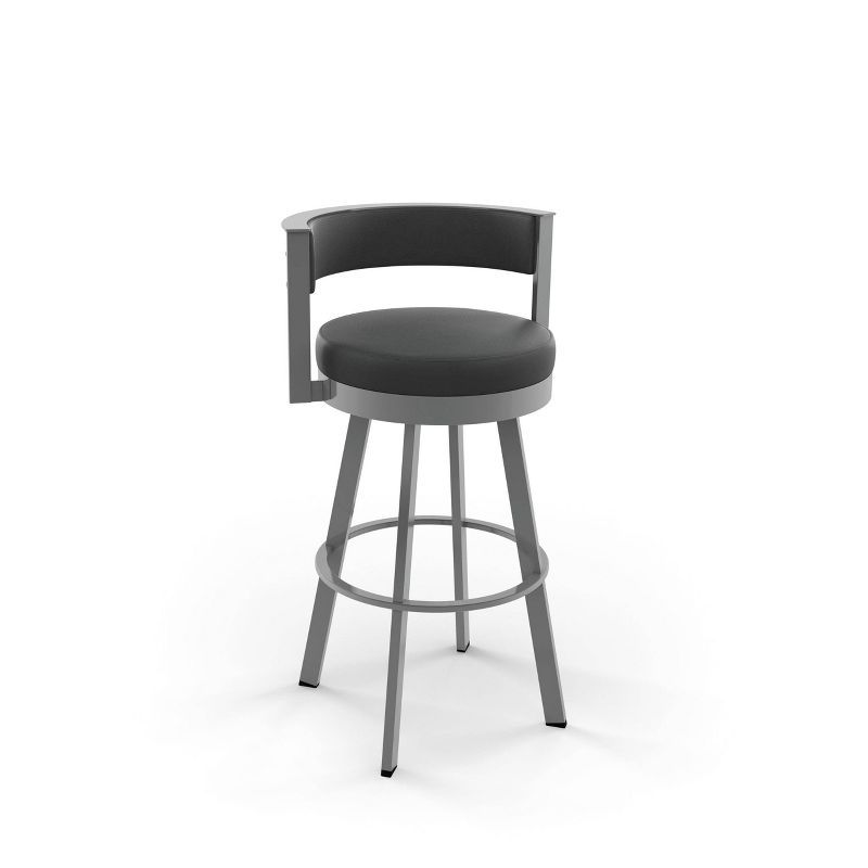 Modern Swivel Counter Stool in Black Faux Leather and Metallic Grey Metal