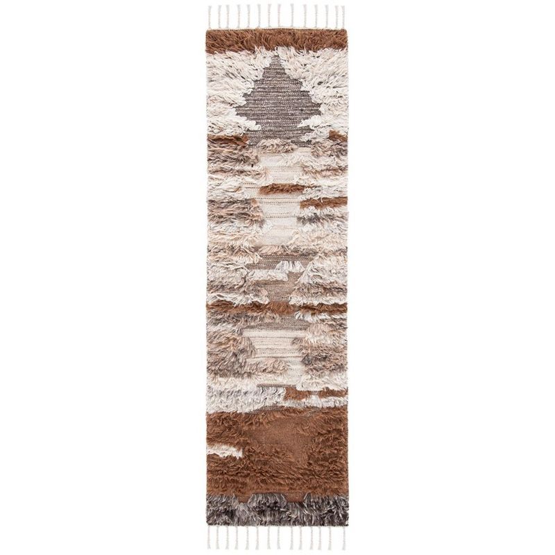 Gray and Brown Hand-Knotted Wool Runner Rug with Tassels