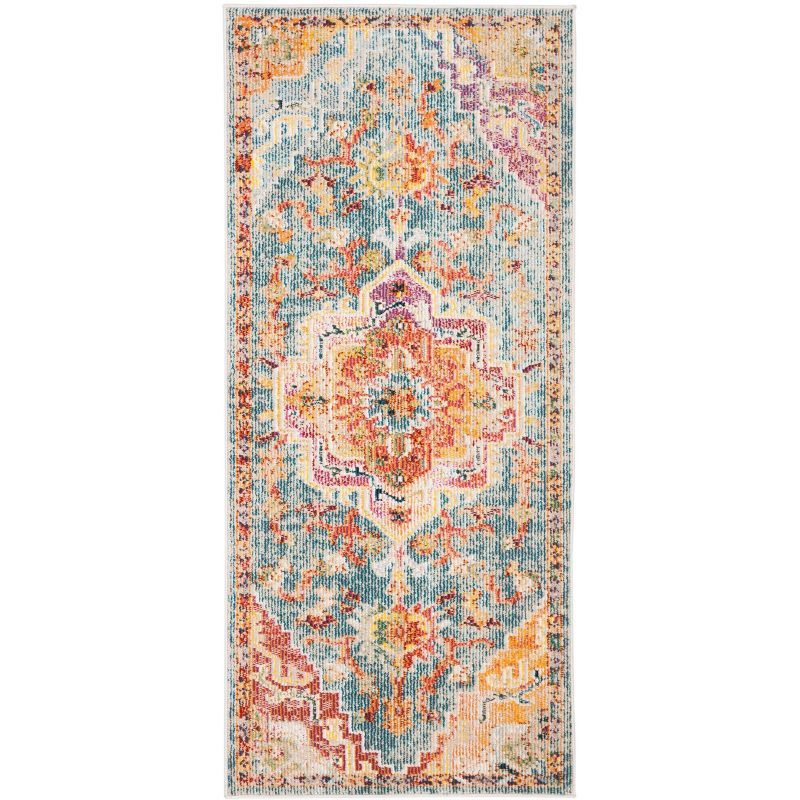 Reversible Floral Medallion Orange & Teal Synthetic Runner Rug - 2'2" x 5'