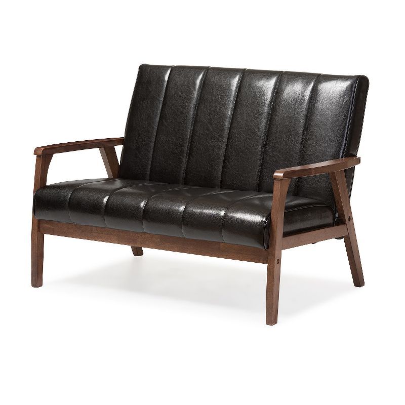 Nikko Compact 2-Seater Black Faux Leather Loveseat with Solid Wood Frame
