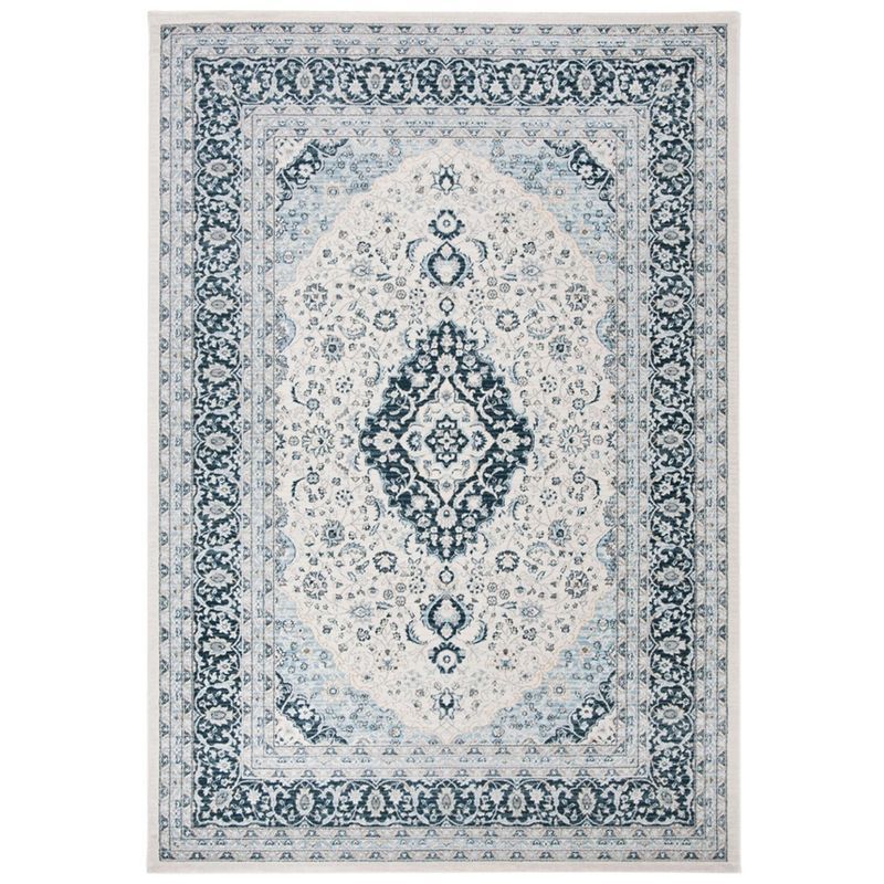 Isabella Cream and Dark Blue Synthetic Area Rug, 4' x 6'