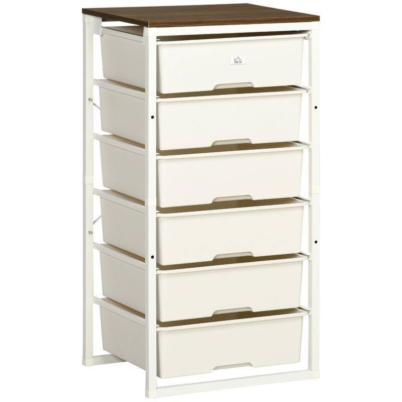 Modern White 6-Drawer Dresser with Plastic Bins and Steel Frame