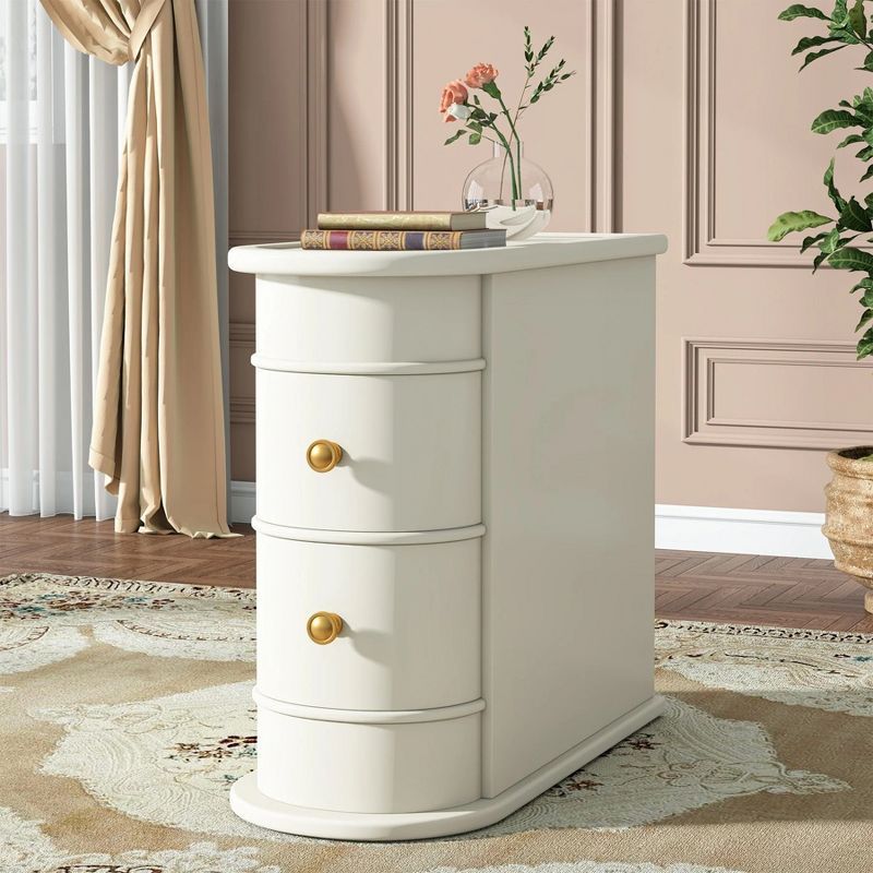 Off-White Round Wood Nightstand with Gold Handles and Storage