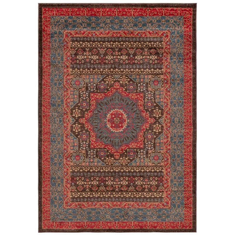 Safavid Style Red and Navy Synthetic Area Rug