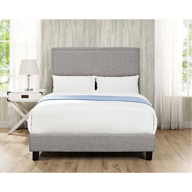 Gray Upholstered Full Platform Bed with Nailhead Trim