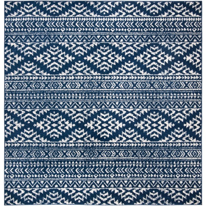 Navy and Ivory Square Boho Synthetic Area Rug