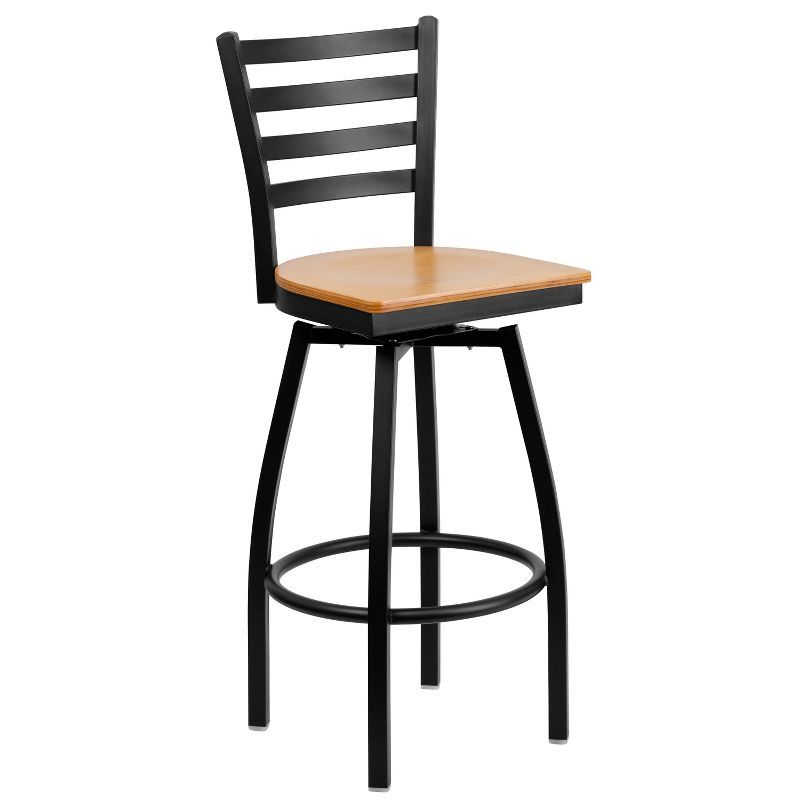 Black Metal Swivel Barstool with Natural Wood Seat