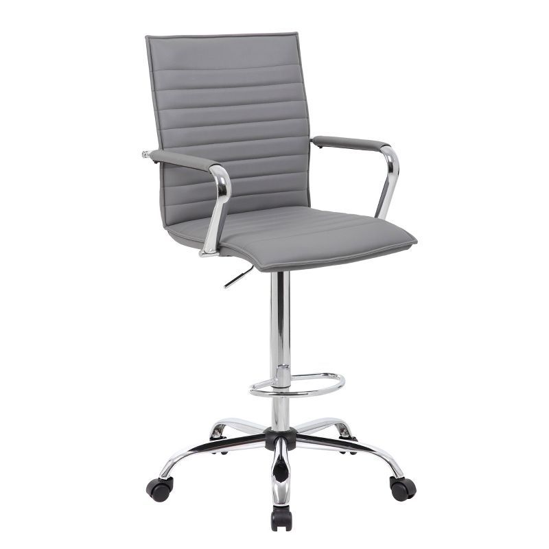 Gray Vinyl Ribbed Drafting Stool with Fixed Arms