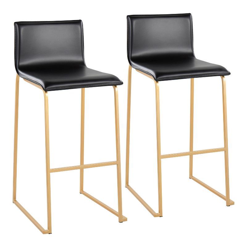 Set of 2 Gold Steel and Black Faux Leather Barstools