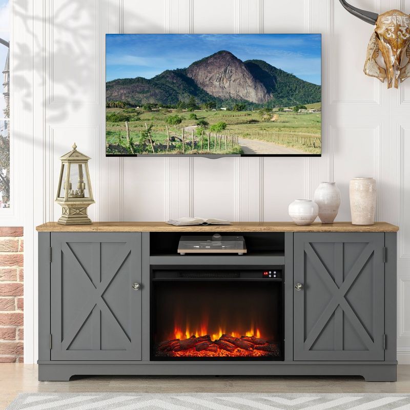 70" Gray Farmhouse Wooden TV Stand with Electric Fireplace