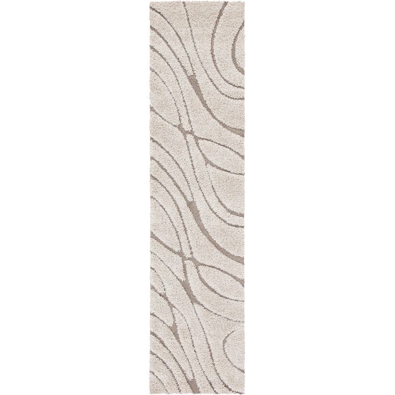 Elegant Cream Beige Abstract Shag Runner Rug, Hand-Knotted Synthetic 2'3" X 9'