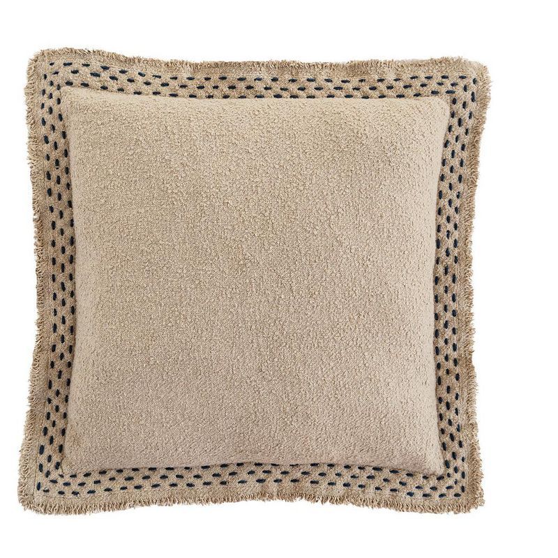 Beige Hand Quilted Cotton Pillow with Navy Embroidery