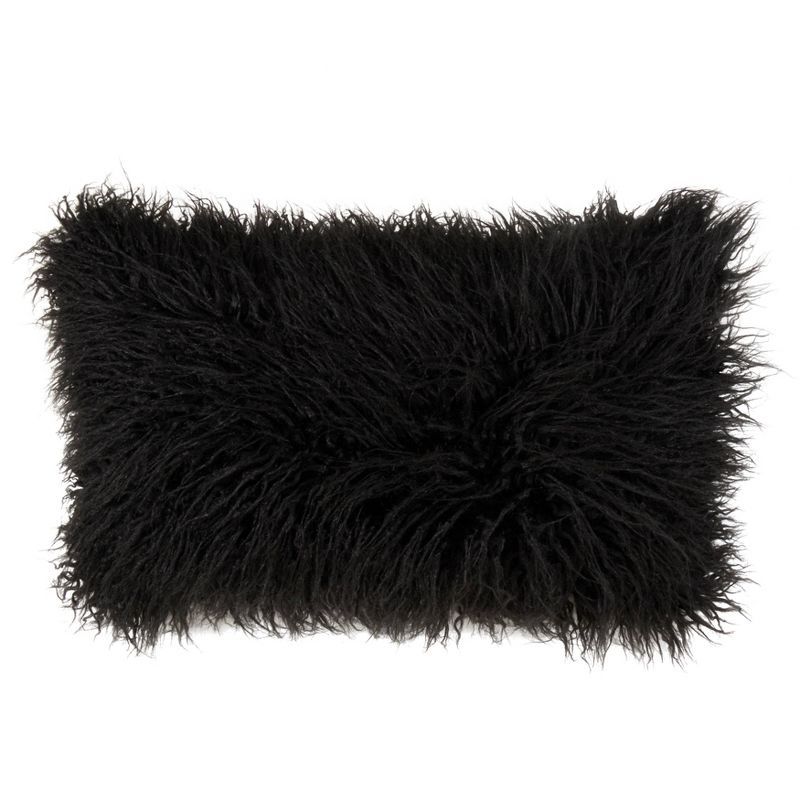 Black Rectangular Faux Mongolian Fur Throw Pillow