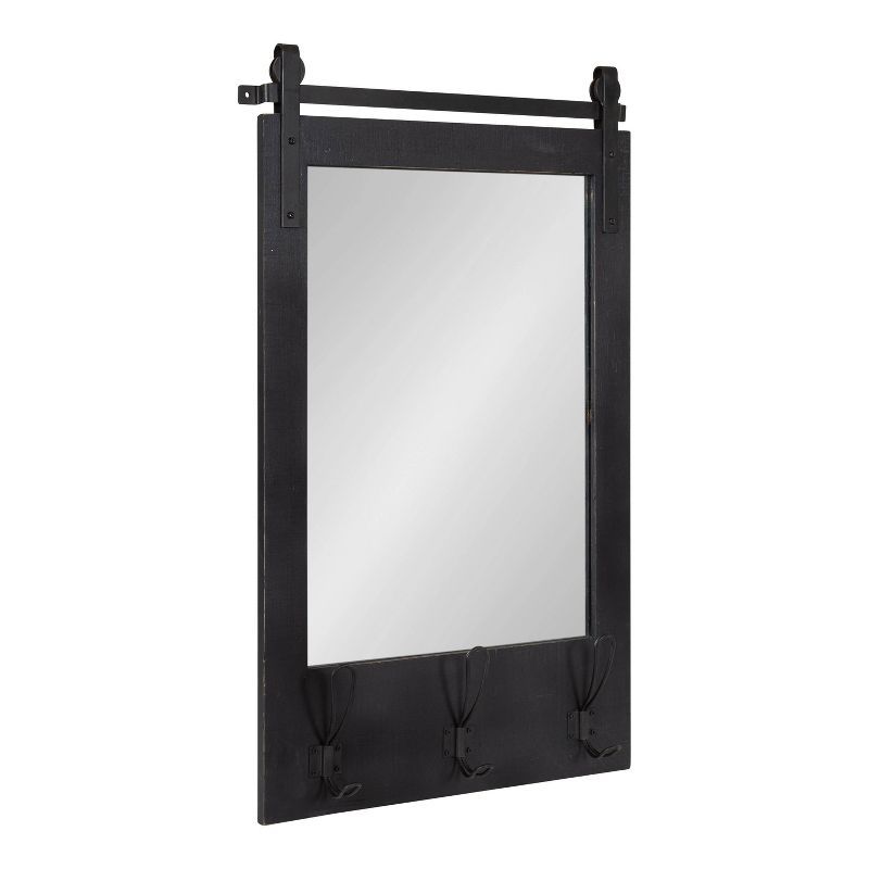 Black Wood Barn Door Wall Mirror with Hooks