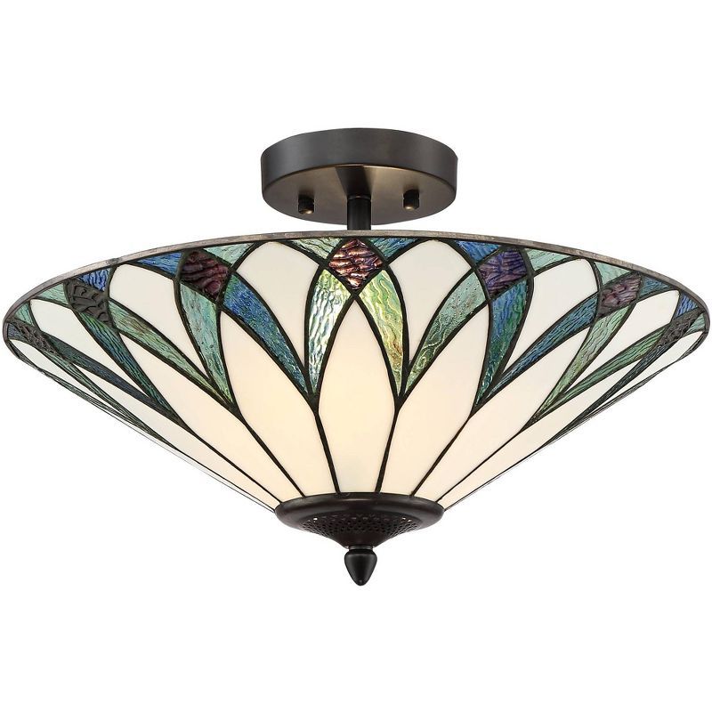 20" Bronze and Glass Tiffany Style Semi-Flush Mount Ceiling Light