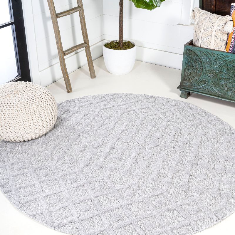 Gray Round Geometric Synthetic Indoor/Outdoor Rug