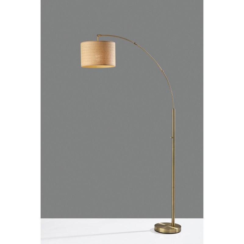 Antique Brass Adjustable Arc Floor Lamp with Woven Shade