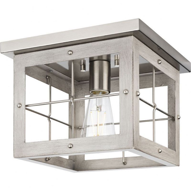 Hedgerow Brushed Nickel and Oak Farmhouse Flush Mount Light